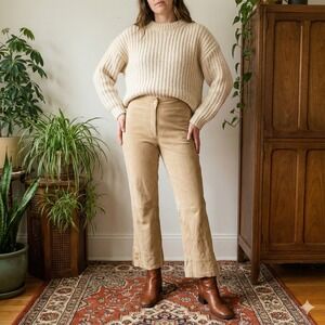 Vintage Suede Leather Flare Pants Womens XS‎ Beige Crop Ankle Button 90s